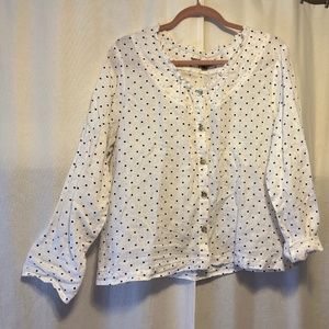 Flax linen buttoned black on cream  polka dot blouse M
